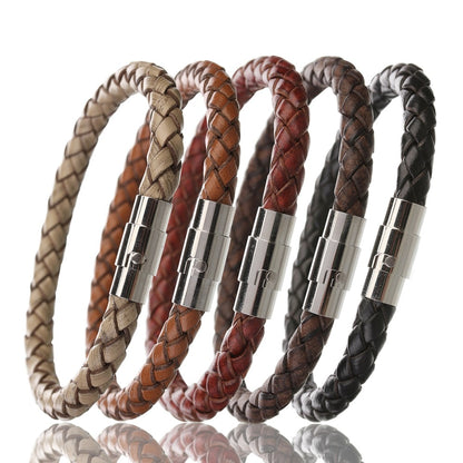 BlackPluss - Genuine Leather Bracelet Men Stainless Steel Magnetic Clasp.