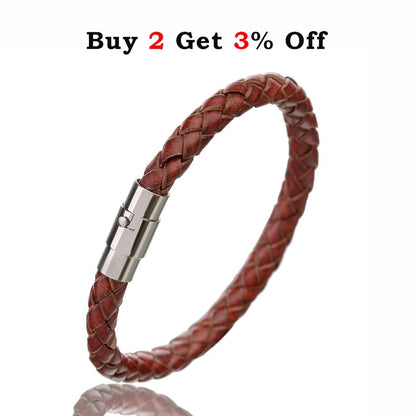 BlackPluss - Genuine Leather Bracelet Men Stainless Steel Magnetic Clasp.