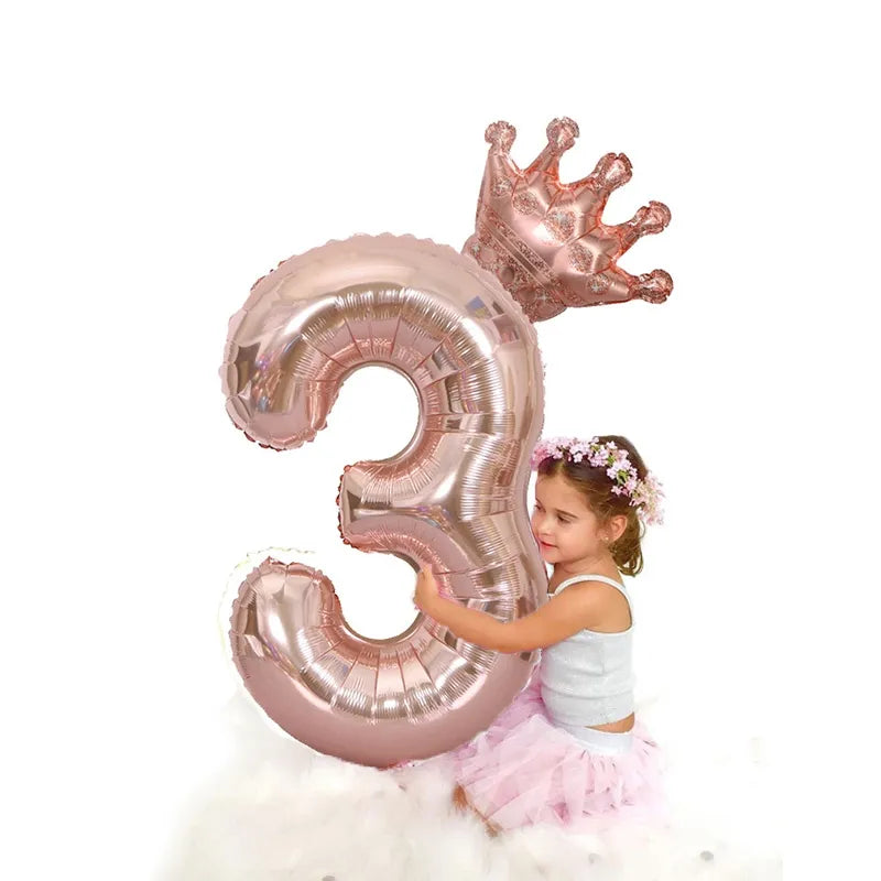 BlackPluss - 3 Year Birthday Balloons 1st Birthday Ballon Crown Number Baloon Rose Gold Foil Balon Happy Birthday Decor Kids Girls 40inch