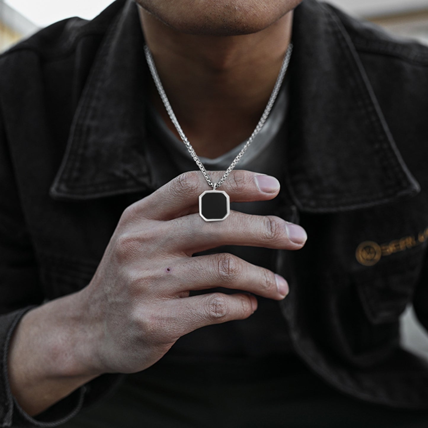 BlackPluss - Geometric Square Necklaces for Men, Enamel Square Pendant.