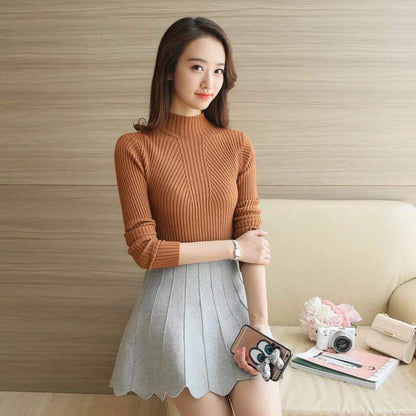 BlackPluss -  Women Candy Color Knitted Pullovers Long Sleeve Bottoming Knitted Sweater