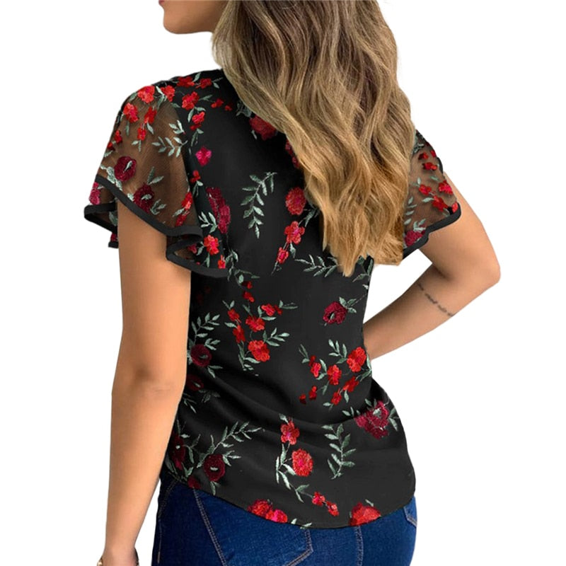 BlackPluss - Women Ladies Ruffle Sleeve Tops Pullover Dot Polk Embroidery Floral.