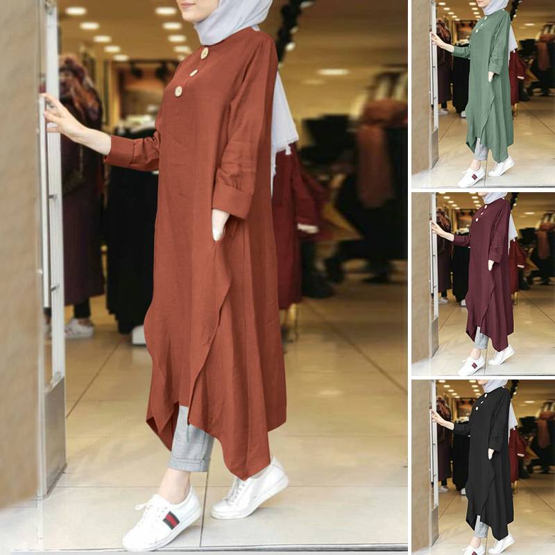 BlackPluss - Vintage Women's Irregular Sundress Abaya Midi Dress Long Sleeve