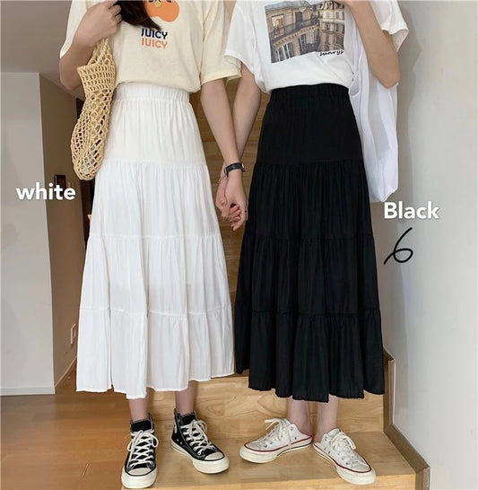 BlackPluss - Chiffon Skirts Vintage High Waist Elastic Patchwork White Black