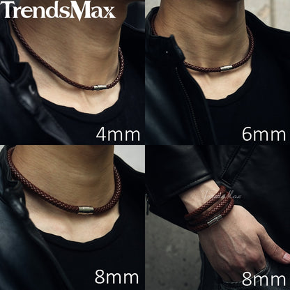 BlackPluss - Leather Necklace Choker Black Brown Braided Rope Chain for Men.