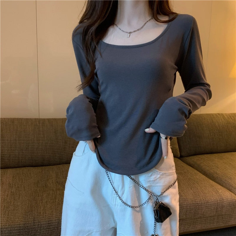 BlackPluss - Women Long Sleeve Square Neck T-Shirt Spring And Autumn.