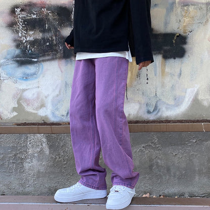 BlackPluss - Japanese Men Jeans Fashion Purple Green Loose Straight Vintage Casual.