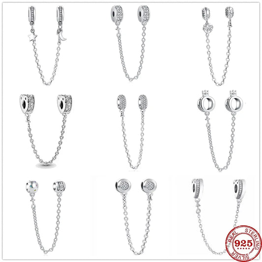 BlackPluss - 925 Silver Sparkling Sparkle Star Moon Safety Chain Charm Bead Fit Original Pandora Bracelet Pendant DIY Jewelry For Women
