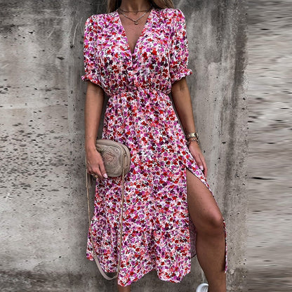 BlackPluss - Floral Print long dress, V-neck, Short Sleeve.