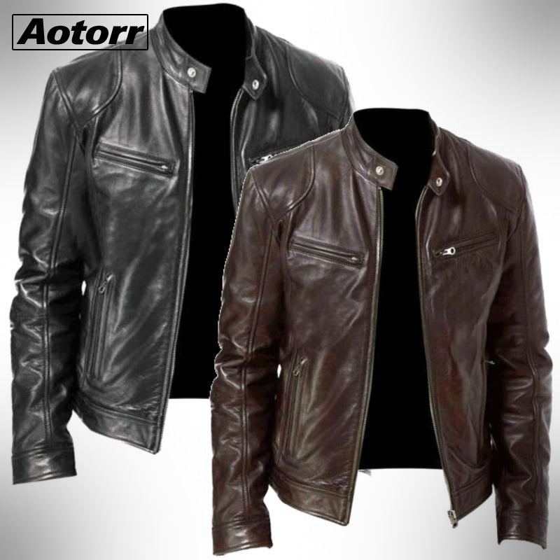 BlackPluss -Leather Jacket Slim Fit Stand Collar PU Jacket Male Anti-wind.