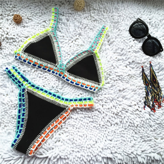 BlackPluss -  Women Handmade Crochet Knit Swimwear Halter Patchwork