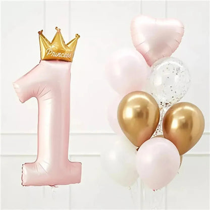 BlackPluss - 40inch Princess Crown Number Foil Balloons 1st Birthday Party Decorations Kids Girl Boy Baby First One Year Anniversary Supplies