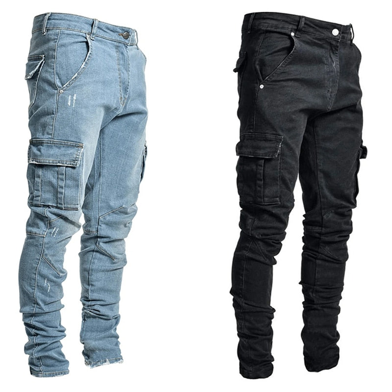 BlackPluss - Jeans Men Pants Casual Cotton Denim Trousers Multi Pocket Cargo.