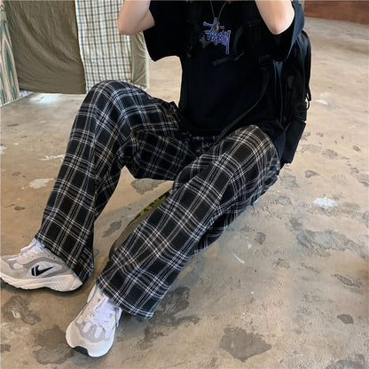 BlackPluss - Plaid Pants Men Casual Straight Trousers Hip-hop Pants.