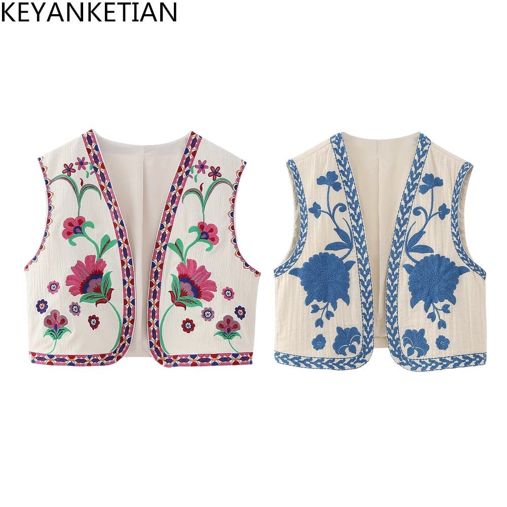 BlackPluss - Women Vintage Floral Embroidered Open Waist Coat Ladies.