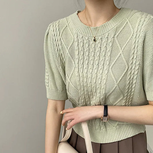 BlackPluss - Women's Knitwear Sweater Korean Casual Slim Solid Round Collar