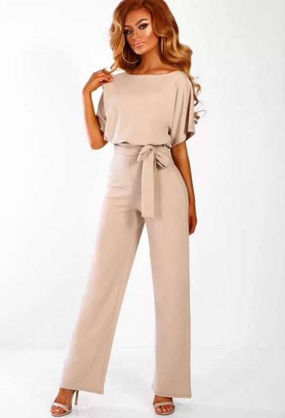 BlackPluss - Women Jumpsuit Elegant Short Sleeve Hollowed Waist Tie Solid.