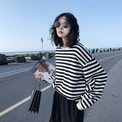 BlackPluss - Hoodies Women stripe cotton Hoodie Clothes long sleeve loose thin Sweatshirt Tops