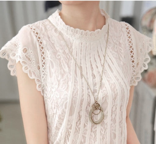 BlackPluss -  White Lace Blouse Short Sleeve Stand Collar Women Tops.