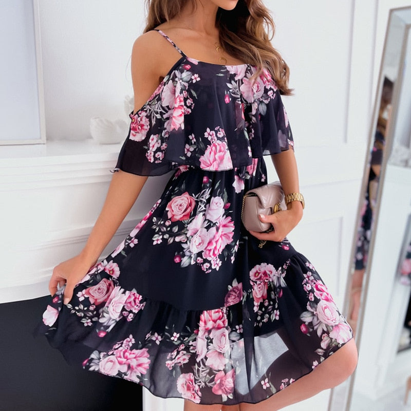 BlackPluss - Strap Floral Print Off Shoulder Chiffon Boho Dress