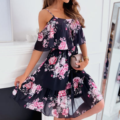 BlackPluss - Strap Floral Print Off Shoulder Chiffon Boho Dress