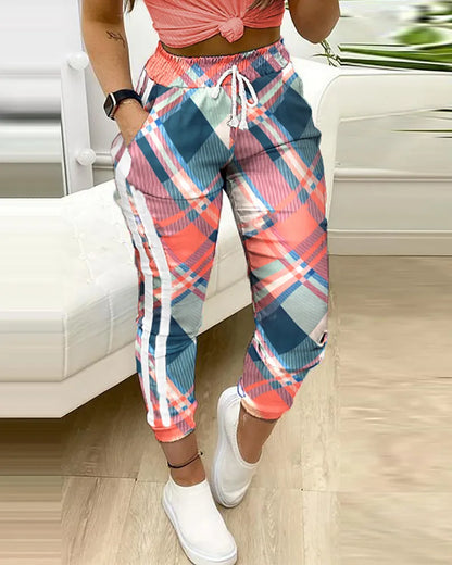 BlackPluss| Casual Pants Trousers  Colorblock Plaid print Cargo Pants