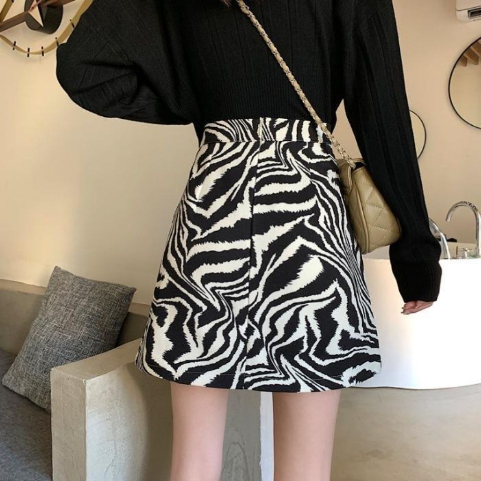 BlackPluss - Zebra Print Midi Skirt Women Autumn New Female A-line High Waist.