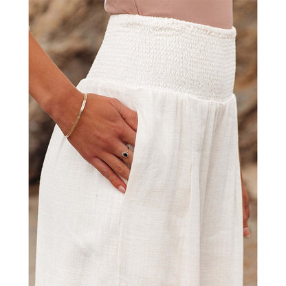 BlackPluss - Lady Cotton Linen Pockets Solid Loose Casual White Wide Leg