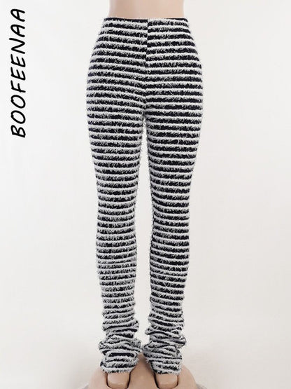 BlackPluss - Black and White Striped Knitted Stacked Pants Women