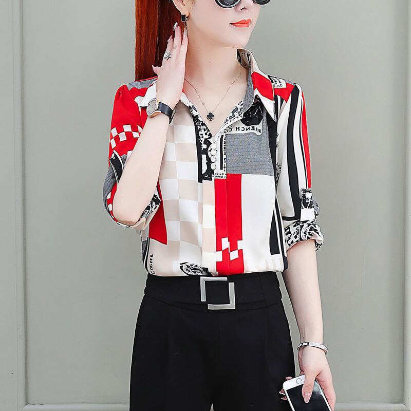 BlackPluss - Korean Fashion Printed Chiffon Shirt Ladies Half Sleeve Loose Casual.