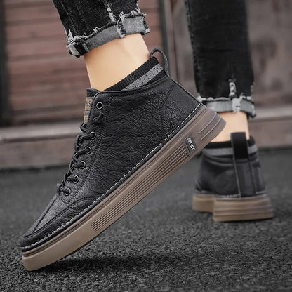 BlackPluss - Shoes for Men High-top Black Casual Male Sneakers Platform Ankle Boots.