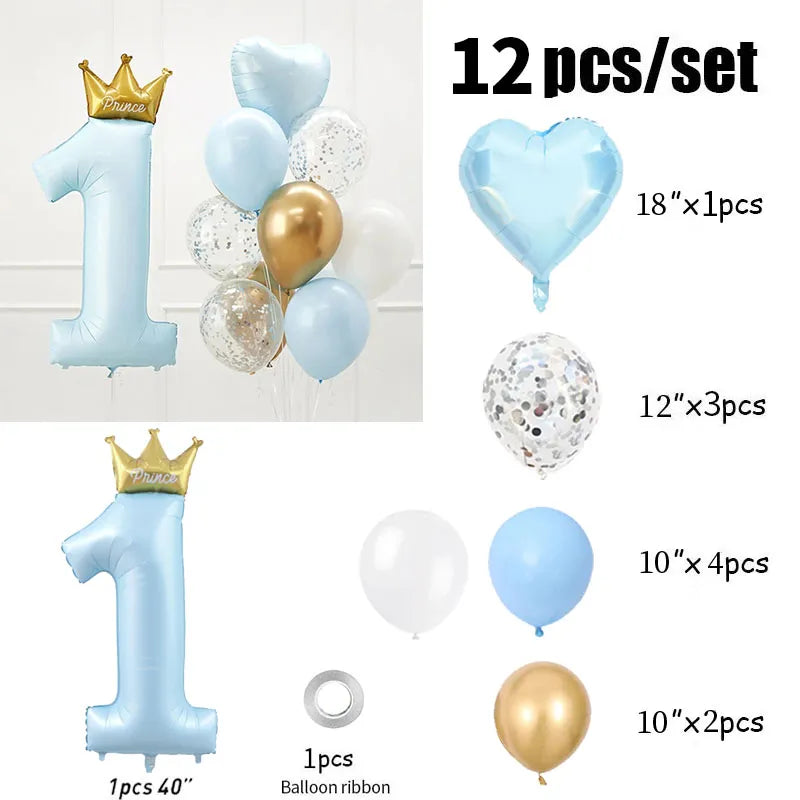 BlackPluss - 40inch Prince Crown Number Foil Balloons 1st Birthday Party Decorations Kids Boy Girl First One Year Anniversary