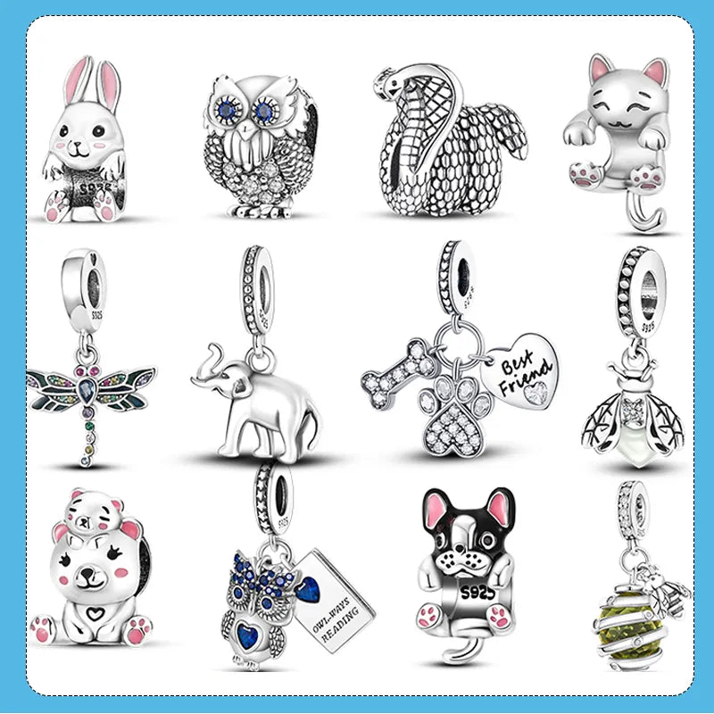 BlackPluss - Animal 925 Silver Elephant Snake Fox Ladybug Dog Cat Owl Charm Beads fit Original Pandora Bracelet Original Charms Jewelry