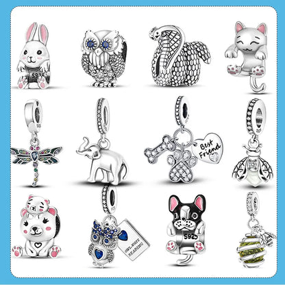 BlackPluss - Animal 925 Silver Elephant Snake Fox Ladybug Dog Cat Owl Charm Beads fit Original Pandora Bracelet Original Charms Jewelry
