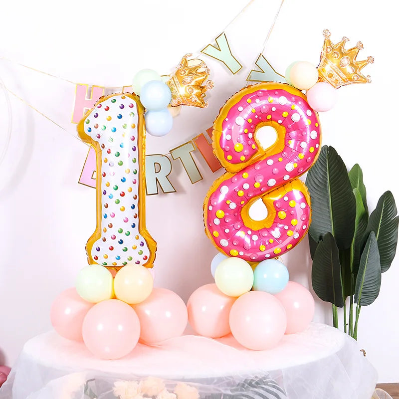 BlackPluss - 7pcs Donut Number Foil Balloons Set 1st 2nd Girls Birthday Party Decorations Candy Confetti Balloon Baby Shower Wedding Globos