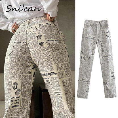 BlackPluss - Newspaper Print Bodycon Women Pants Fashion Spring.