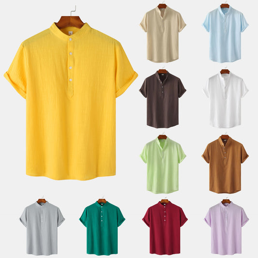 BlackPluss - Men's Cotton Linen Summer Short Sleeve Shirt Solid Color.