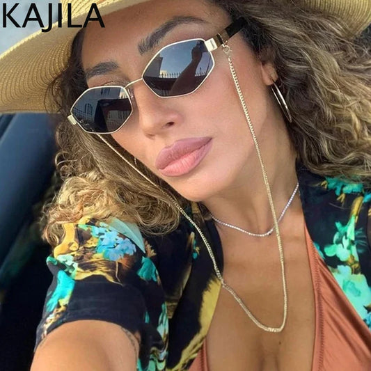 BlackPluss -  Small Frame Hexagon Sunglasses Women With Chain 2024 Luxury Brand Designer Punk Sun Glasses For Ladies Shades Gafas De Sol