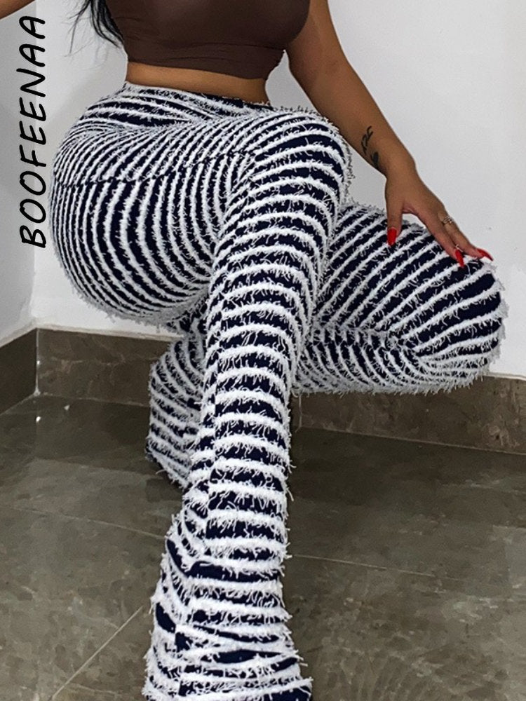 BlackPluss - Black and White Striped Knitted Stacked Pants Women