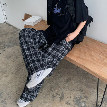 BlackPluss - Plaid Pants Men Casual Straight Trousers Hip-hop Pants.