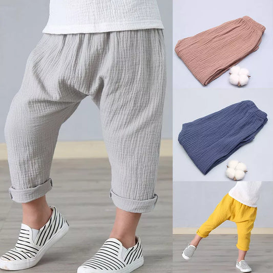 BlackPluss - Kids Pants Boy Girl Summer Solid Color Linen Pleated Trousers Children.