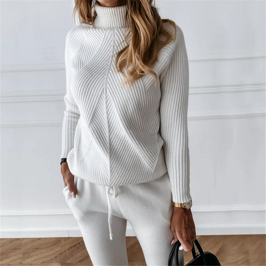 Blackpluss - Autumn Winter Women's tracksuit Solid Color Striped Turtleneck Sweater and Elastic Trousers Suits Knitted Two Piece Set