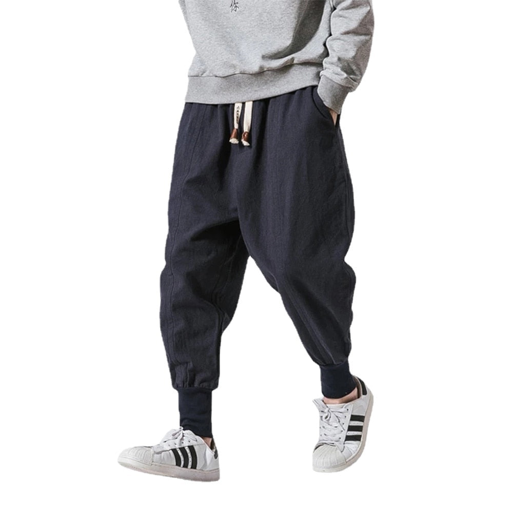 BlackPluss - Cotton Linen Pants Men Solid Elastic Waist Streetwear Joggers.