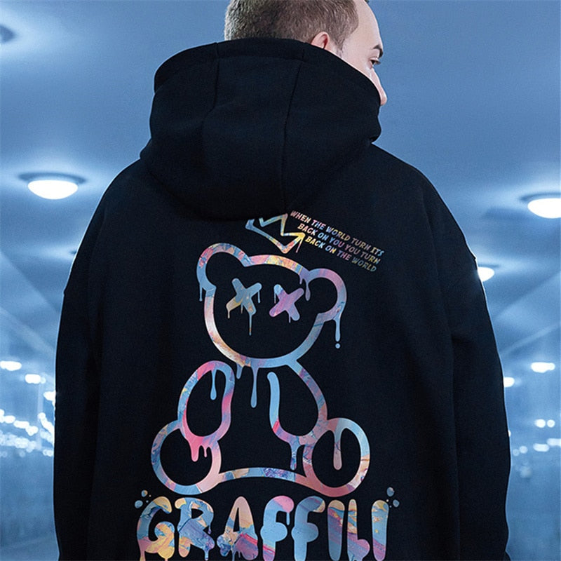 BlackPluss - High Street Graffiti Bear Print Men's Fleece Hoodie Retro