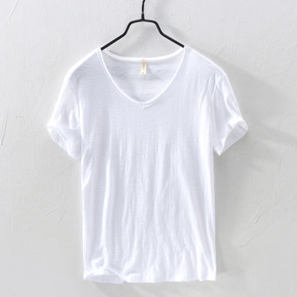 BlackPluss - 100% Cotton T-shirt Men V-neck Solid Color Casual T Shirt.