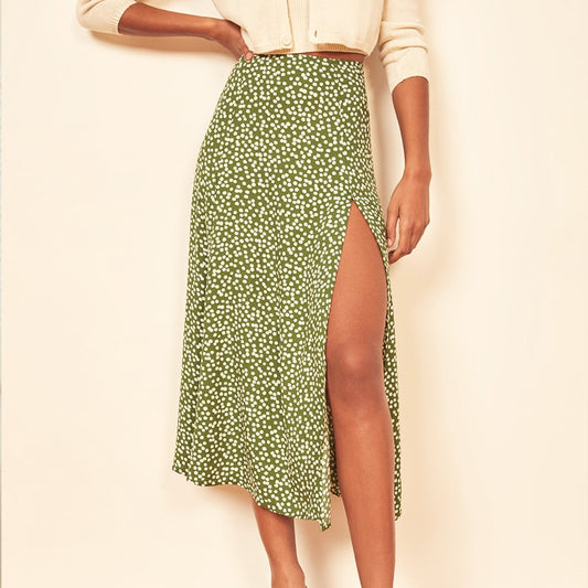 BlackPluss -  flower polka dot print high waist stretch split long A-line skirts for women beach maxi skirt