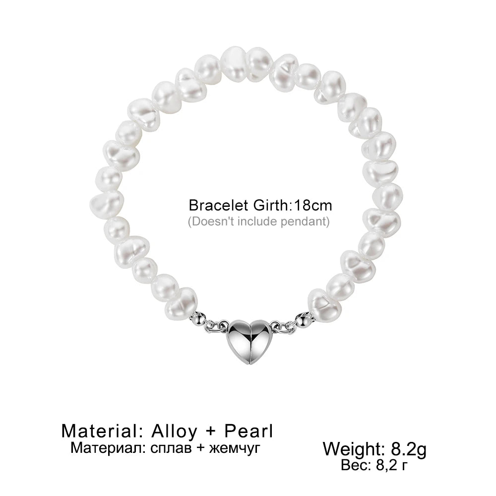 BlackPluss - Pearl Heart Bracelets For Women Girls Silver Color Love Magnetic Attraction