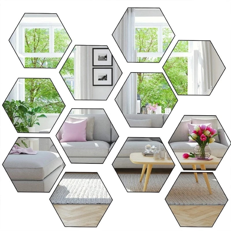 BlackPluss - 12pcs 3D Mirror Wall Stickers Hexagon Shape Acrylic