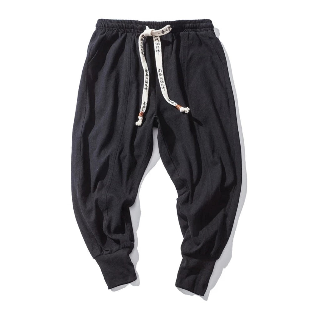 BlackPluss - Cotton Linen Pants Men Solid Elastic Waist Streetwear Joggers.