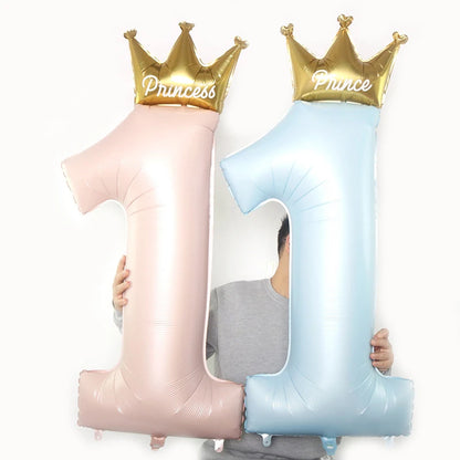 BlackPluss - 40inch Princess Crown Number Foil Balloons 1st Birthday Party Decorations Kids Girl Boy Baby First One Year Anniversary Supplies